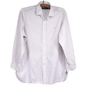 Men's 16.5/32-33 Large RALPH LAUREN Blue Checked Long Sleeve Cotton Dress Shirt